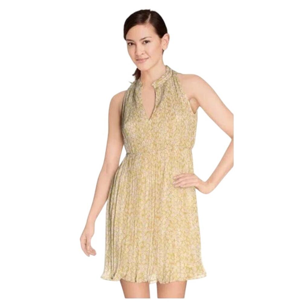 Anthropologie See U Soon Yellow floral pleated lined dress Size Medium *f6